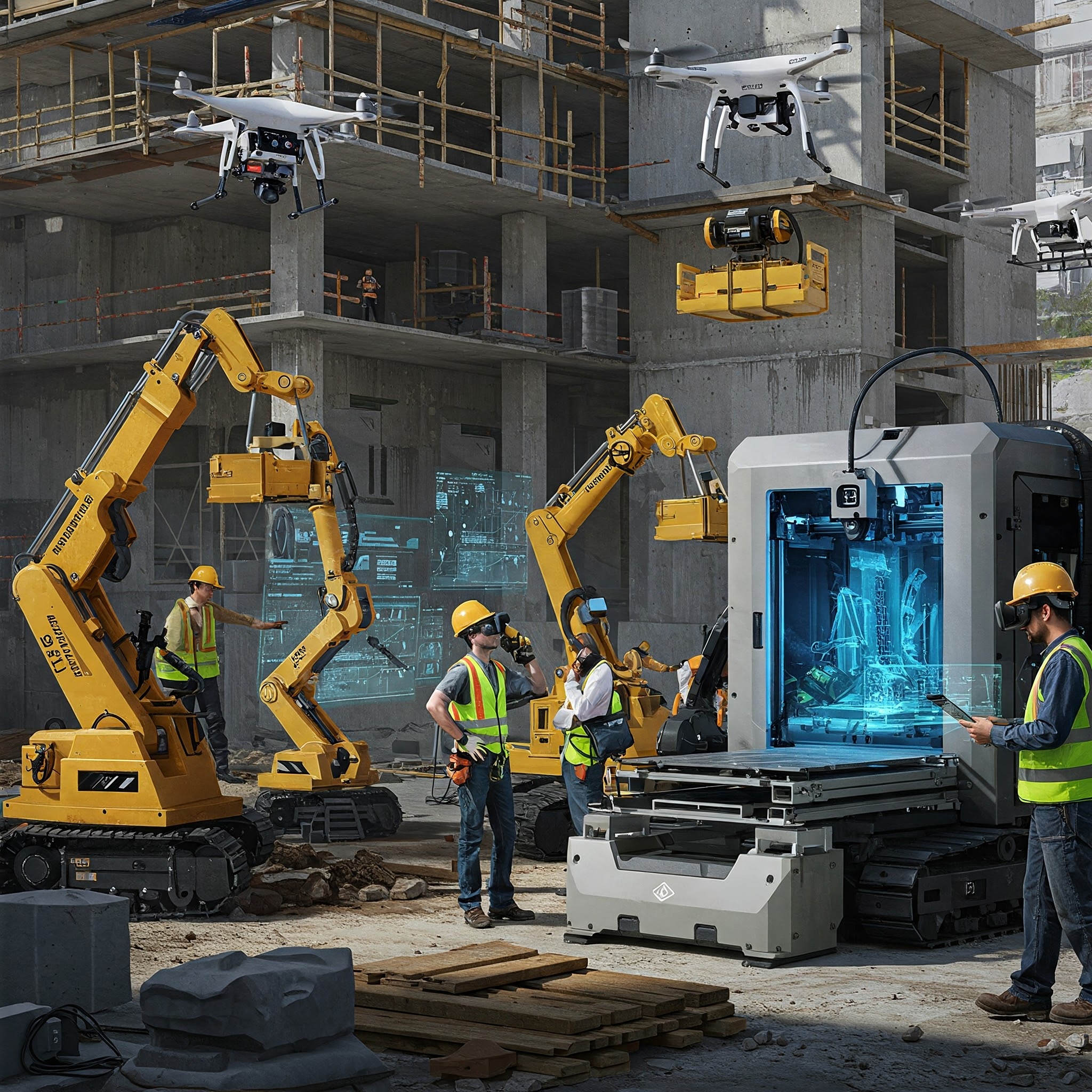 Construção civil moderna: humanos e tecnologia (drones, AR, impressão 3D) colaboram para inovar e construir eficientemente.