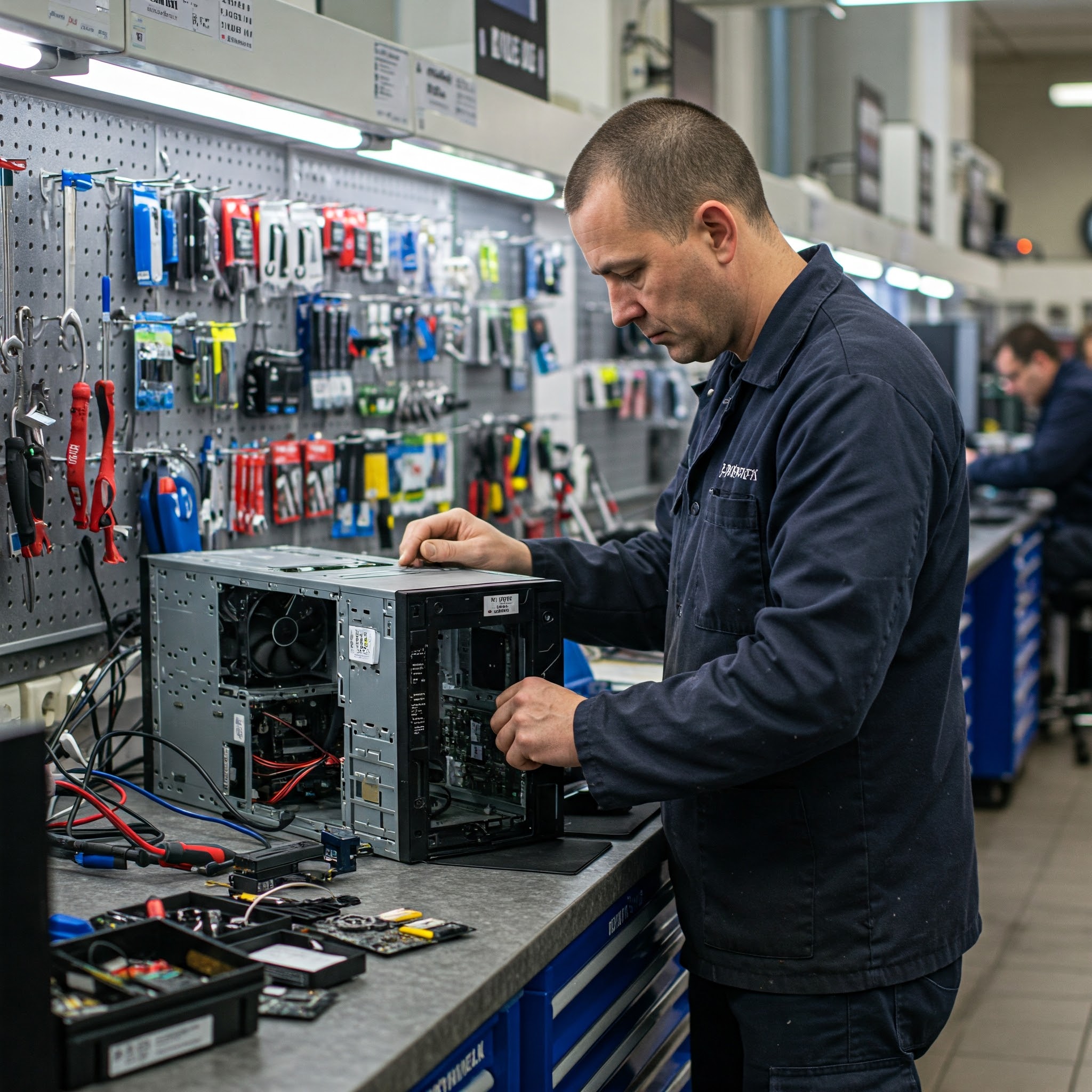 Técnico asiático concentrado no reparo de um computador desktop aberto em oficina organizada, com ferramentas e componentes visíveis. Oficina iluminada ao fundo com peças eletrônicas. A cena ilustra o trabalho preciso de um técnico especializado em reparo inteligente de celulares e PCs.