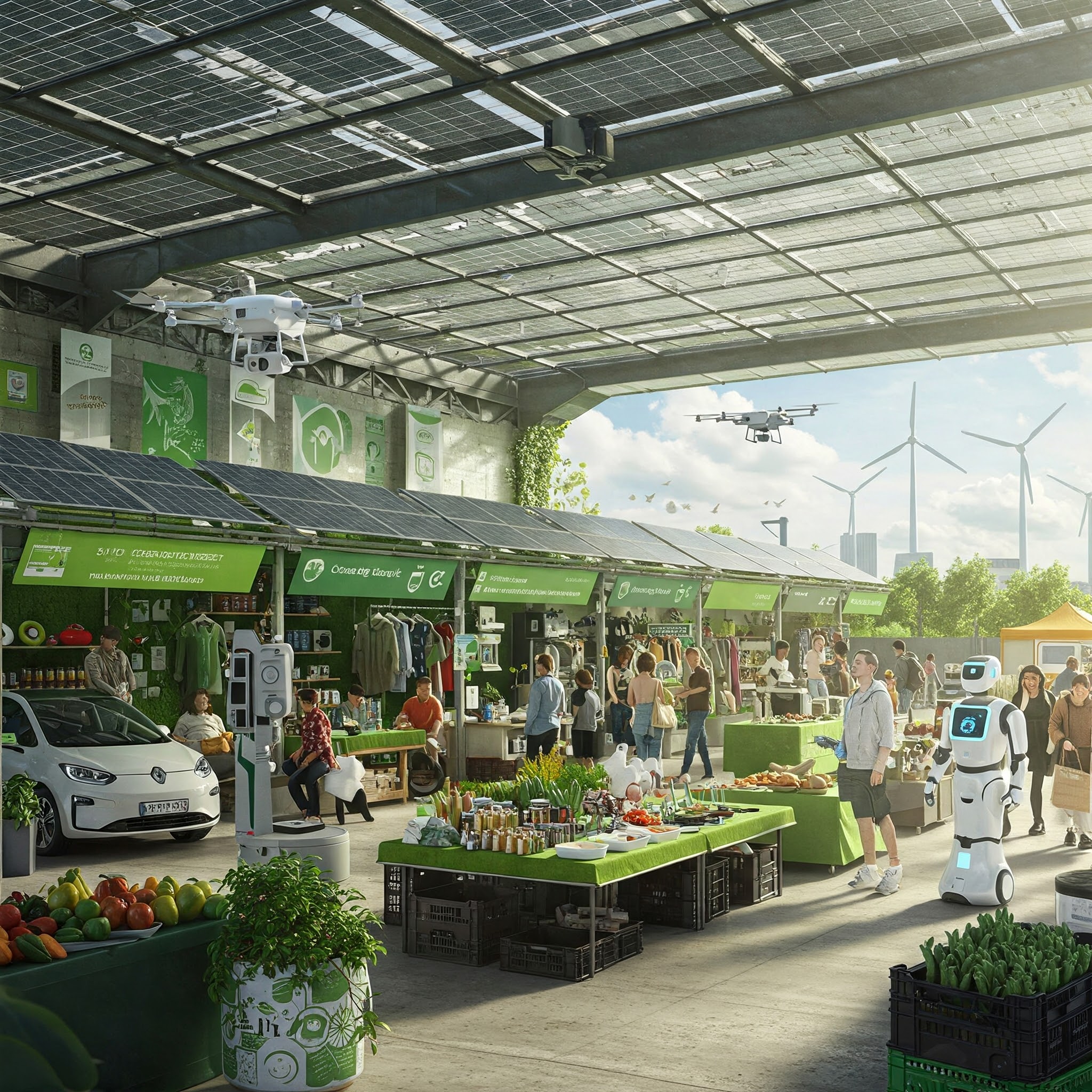 a imagem ilustra um futuro onde a tecnologia e a sustentabilidade se integram perfeitamente em um espaço comercial. É um lugar onde as pessoas podem comprar produtos do Mercado Verde ecologicamente corretos, utilizar tecnologias limpas e desfrutar de um ambiente que valoriza o planeta.