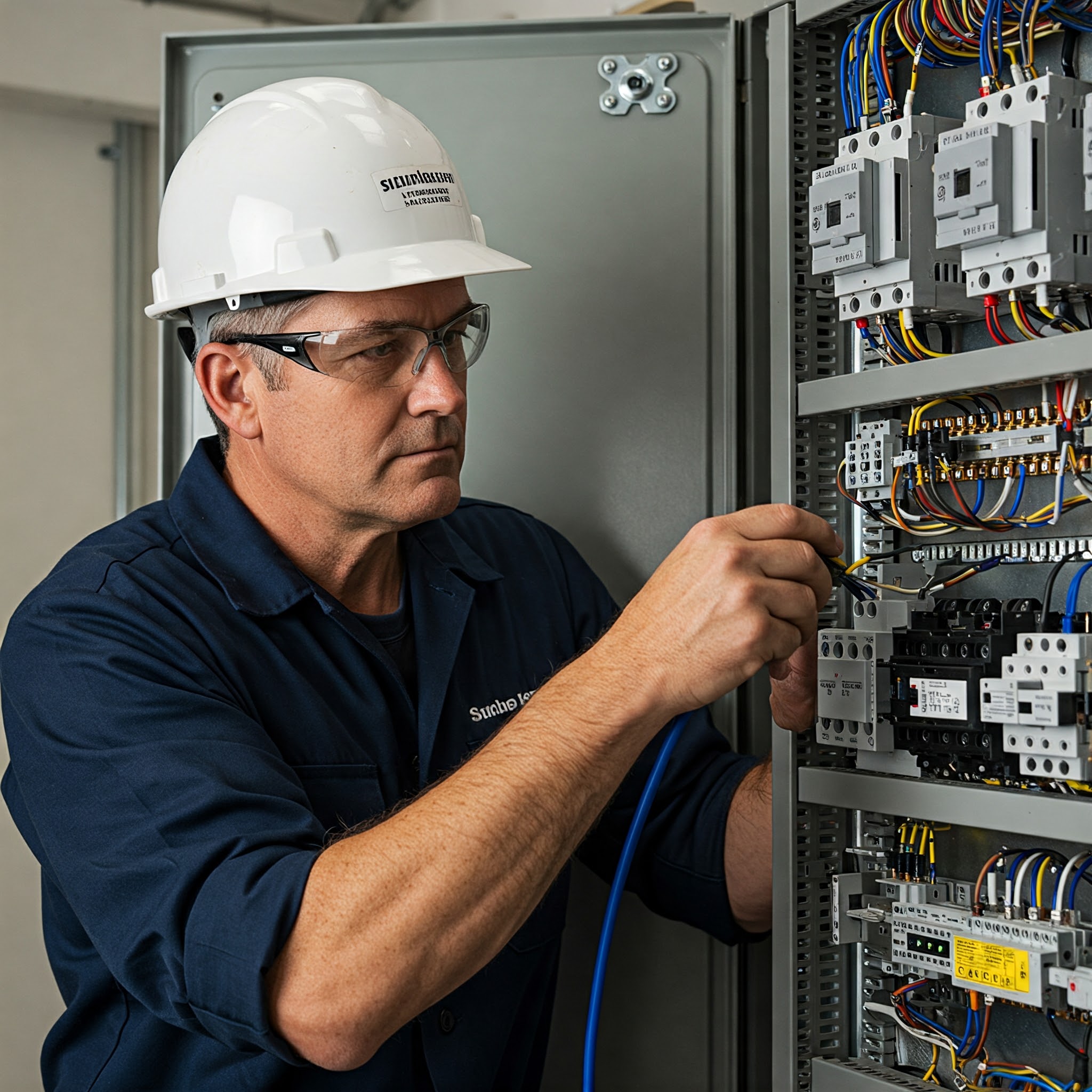 Eletricista profissional trabalhando na instalação elétrica.