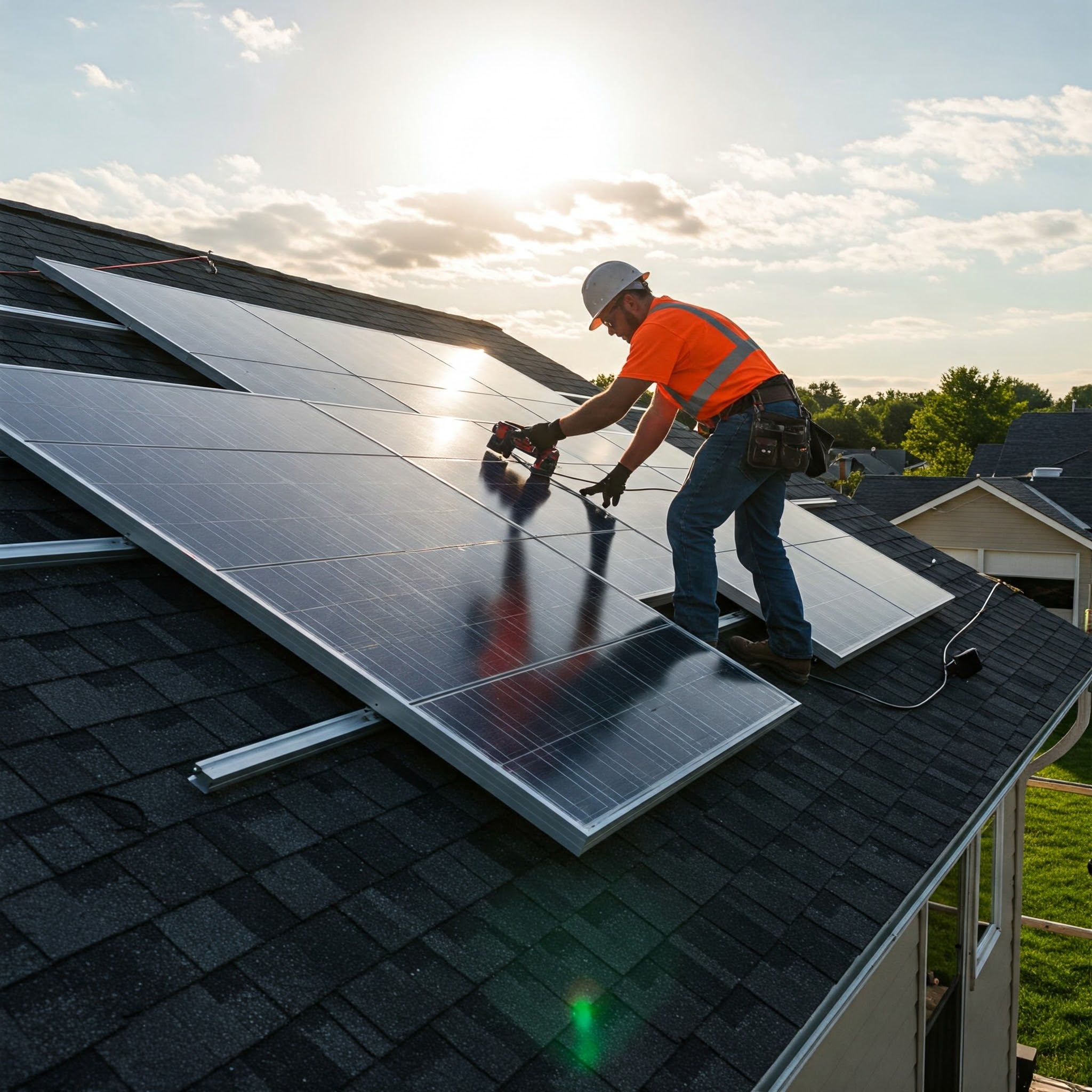 Um trabalhador instala painéis solares com tecnologia avançada no telhado de uma casa sob o sol, representando o trabalho com placa solar para energia renovável.