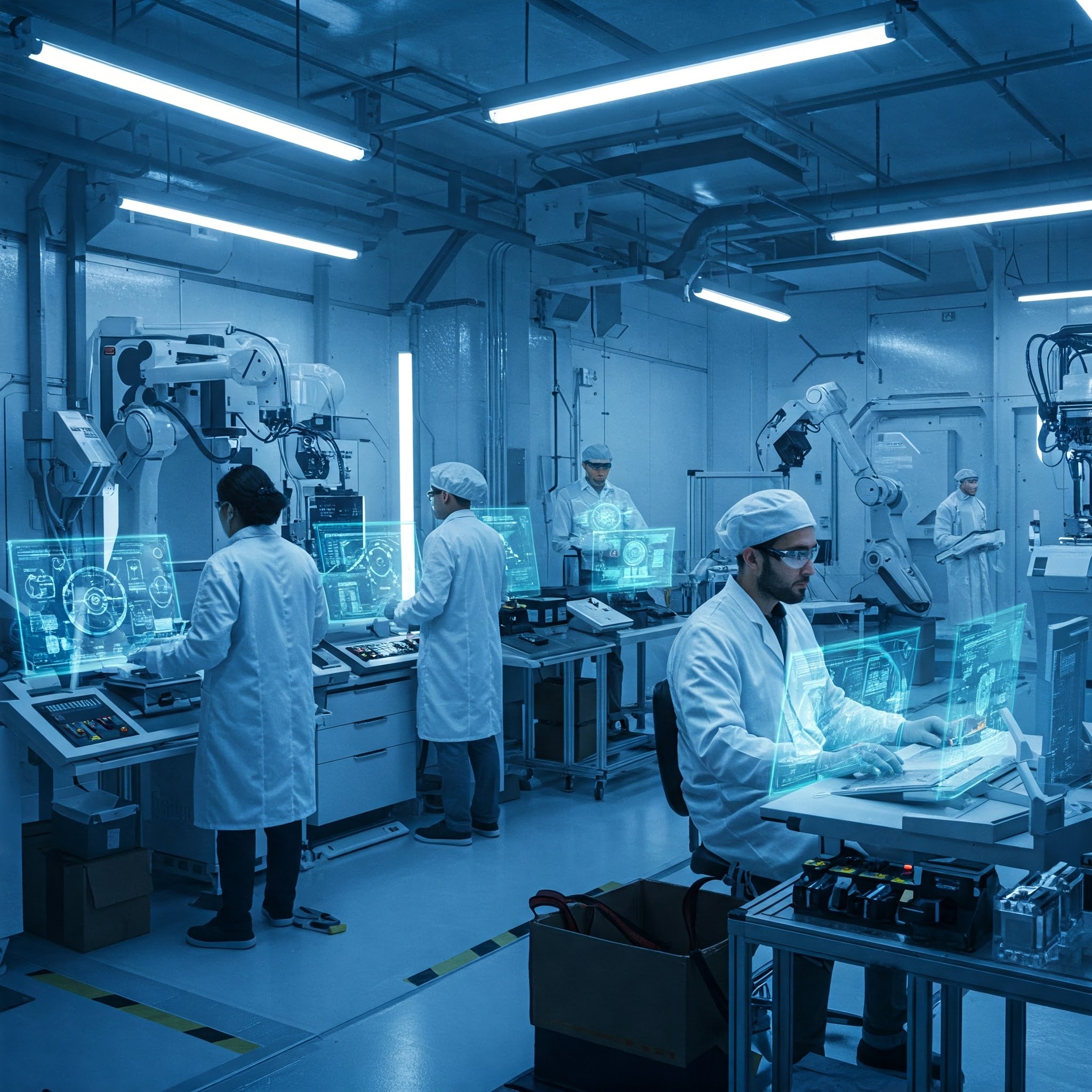 Engenheiros trabalham em fábrica futurista com robôs e tecnologia avançada, simbolizando a Engenharia Mecânica 4.0 e a inovação industrial.