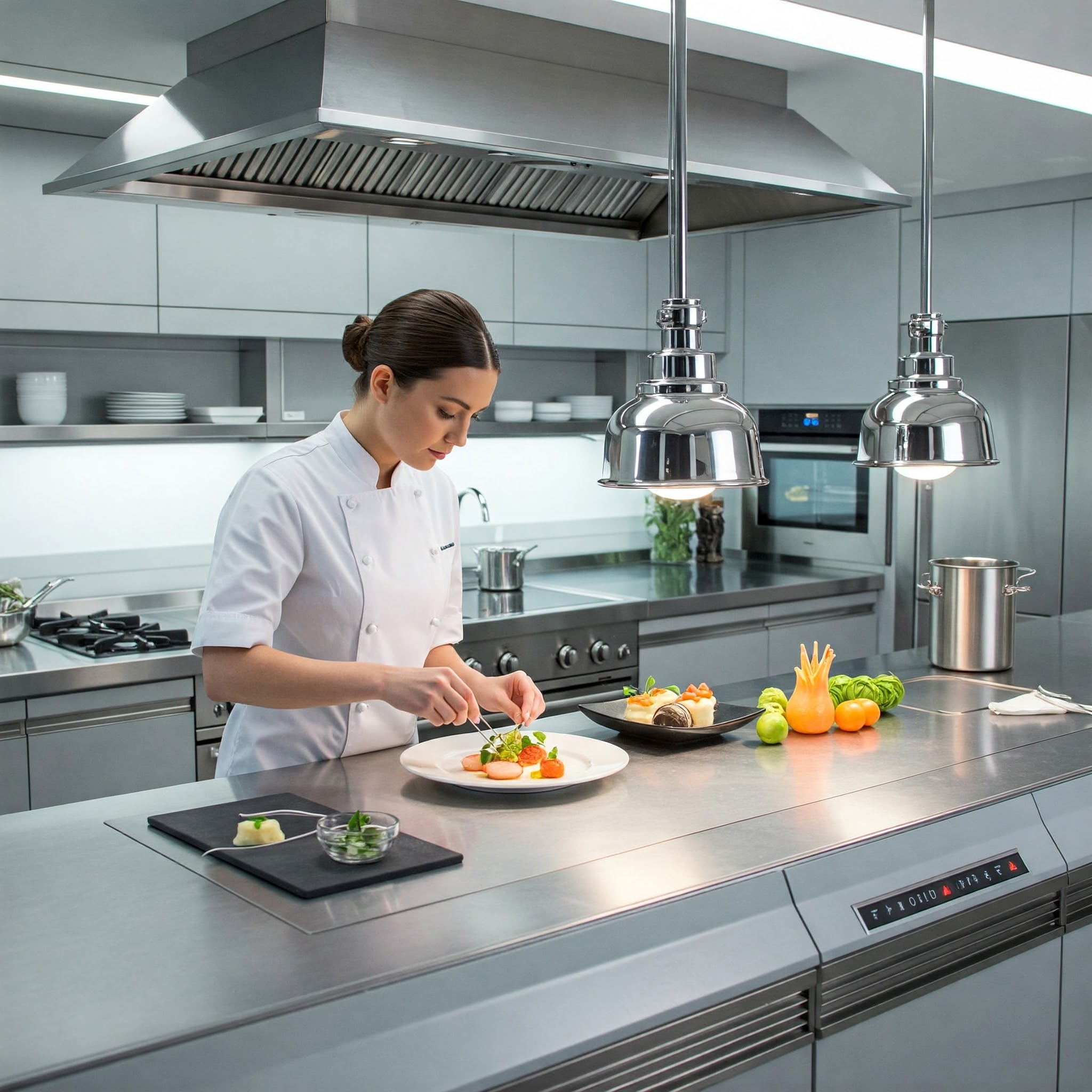 A imagem mostra um chef em uma cozinha futurista. Ele está preparando um prato gourmet com ferramentas avançadas. A cozinha é moderna, elegante e equipada com aparelhos de alta tecnologia. A cena transmite inovação e excelência culinária.