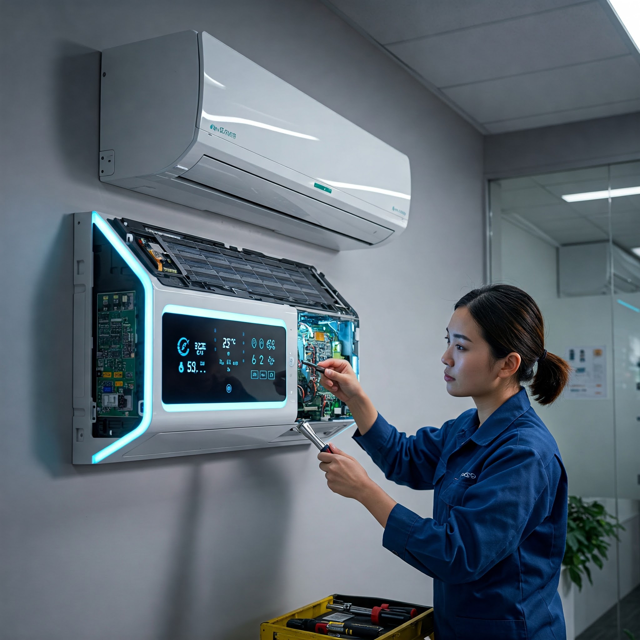 : Técnica especializada conserta ar condicionado inteligente de alta tecnologia, combinando inovação e manutenção para conforto otimizado e sustentável.
